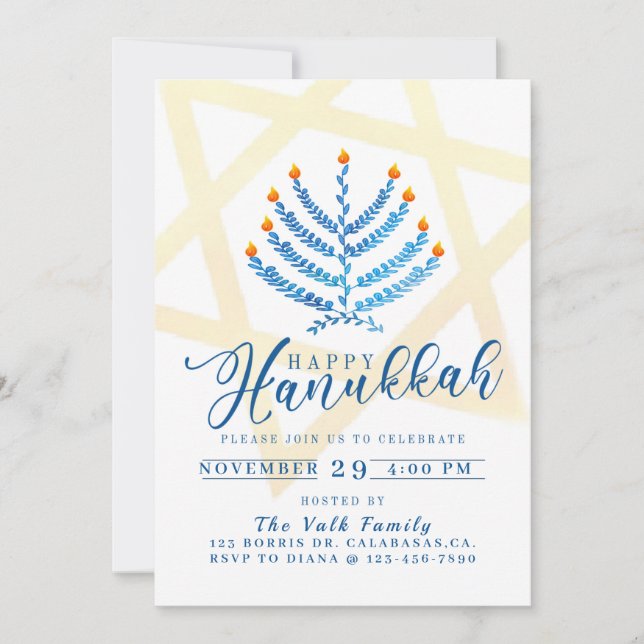 Invitación Hanukkah, Fiesta de Hanukkah, festividad judía (Anverso)