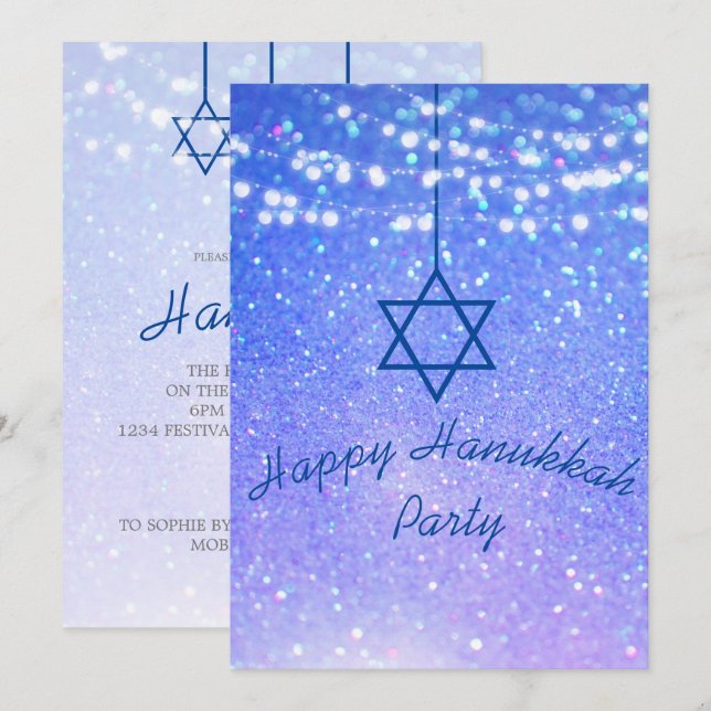 Invitación Hanukkah Fiesta ilumina a Purpurina Estrella Azul  (Anverso / Reverso)
