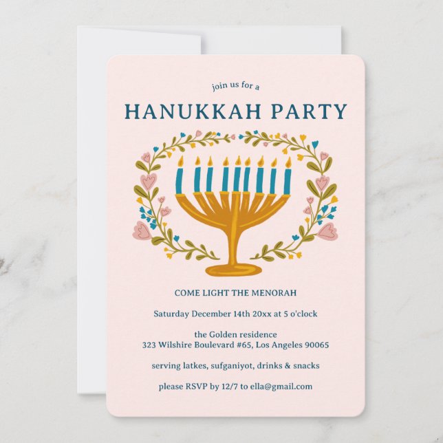 Invitación HANUKKAH FIESTA Menorah PERSONALIZADO de flores (Anverso)