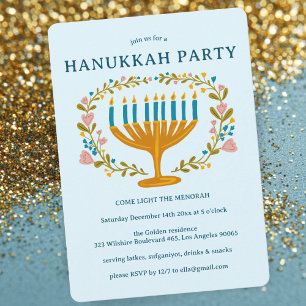 Invitación HANUKKAH FIESTA Menorah PERSONALIZADO de flores