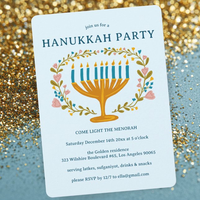Invitación HANUKKAH FIESTA Menorah PERSONALIZADO de flores (HANUKKAH PARTY Menorah floral wreath CUSTOM Invitation
)