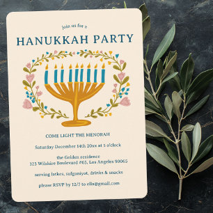 Invitación HANUKKAH FIESTA Menorah PERSONALIZADO de flores