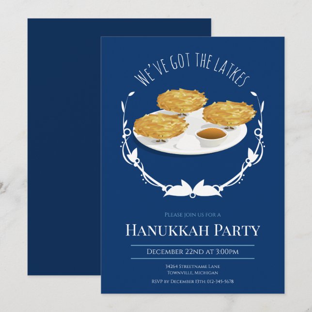 Invitación Hanukkah Fiesta Sonriente Latkes Azul Festividad B (Anverso / Reverso)