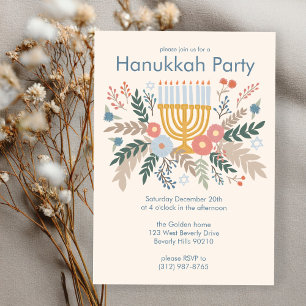 Invitación Hanukkah FLorals Fiesta PERSONALIZADO de arte dibu