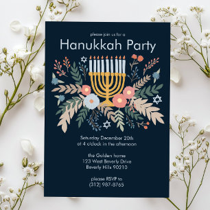 Invitación Hanukkah FLorals Fiesta PERSONALIZADO de arte dibu