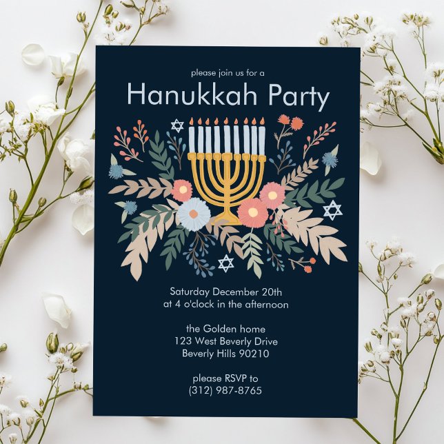 Invitación Hanukkah FLorals Fiesta PERSONALIZADO de arte dibu (Hanukkah FLorals Hand-drawn Art CUSTOM Party Invitation
)