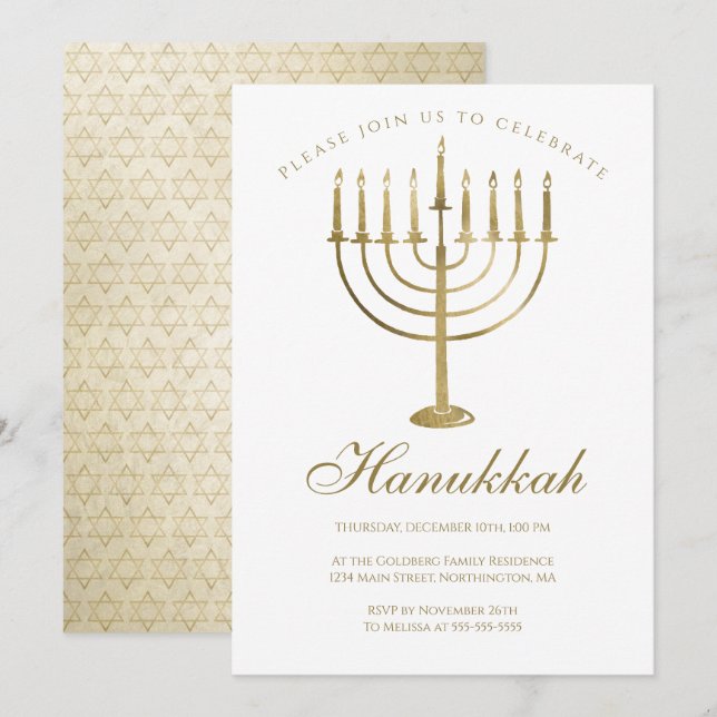 Invitación Hanukkah Gold Menorah Star of David (Anverso / Reverso)