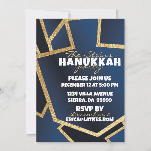Invitación Hanukkah Golden Dreidels Navy Blue (Anverso)