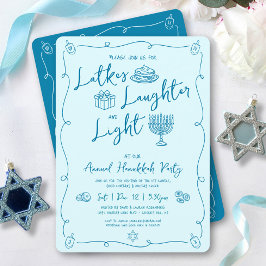 Invitación Hanukkah Latke Laughter Light Teal Doodles Party