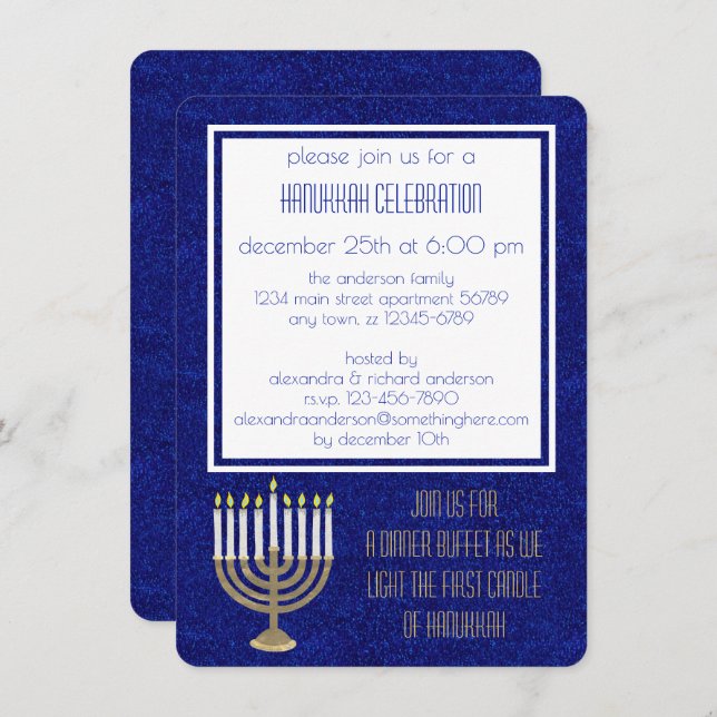Invitación Hanukkah oro Menorah Hanukkah Sameach Dinar (Anverso / Reverso)
