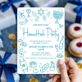 Invitación Hanukkah Teal Hand Drawn Doodles Whimsical Party