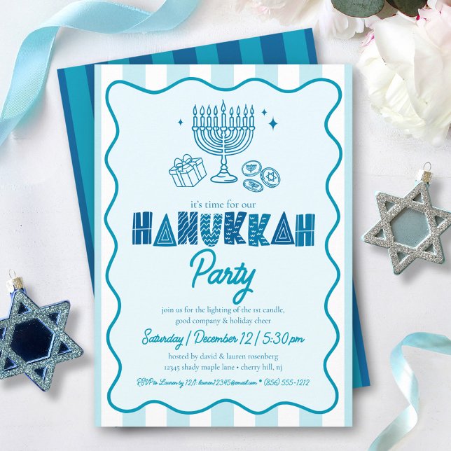 Invitación Hanukkah Turquoise Fun Typography Doodles Stripes (Subido por el creador)