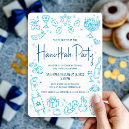 Invitación Hanukkah Turquoise Hand Drawn Doodle Playful Party