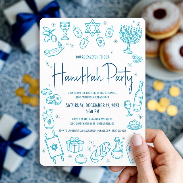 Invitación Hanukkah Turquoise Hand Drawn Doodle Playful Party (Subido por el creador)