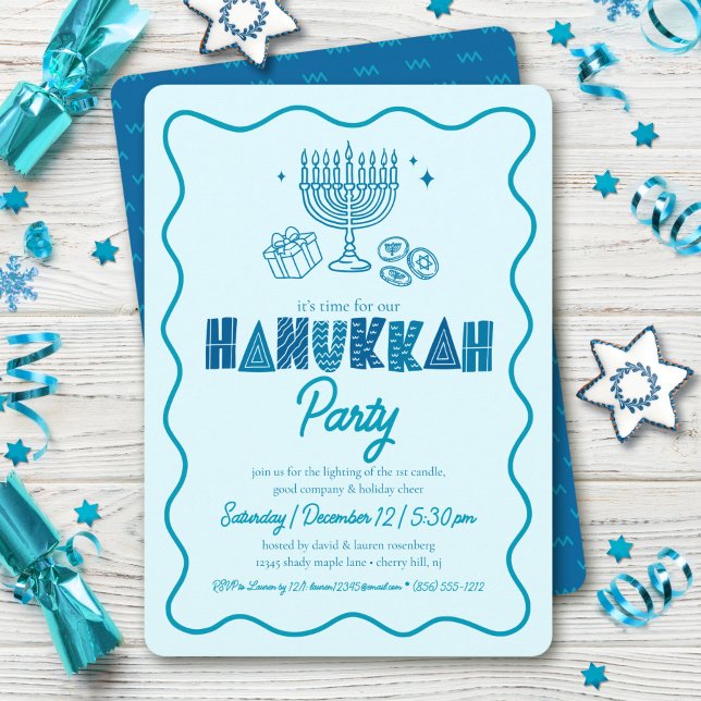 Invitación Hanukkah Turquoise Typography Playful Doodle Party (Subido por el creador)