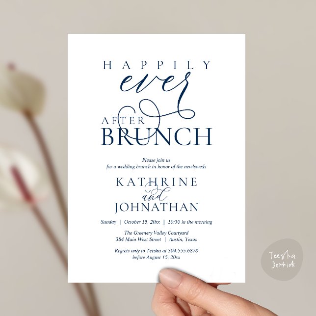 Invitación Happily Ever After Brunch Post Wedding Elopement (Happily Ever After Brunch Post Wedding Elopement Reception Invitation Card in Navy Blue)