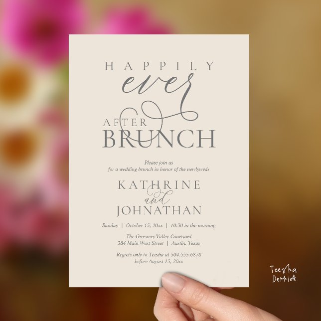 Invitación Happily Ever After Brunch Post Wedding Elopement (Happily Ever After Brunch Post Wedding Elopement Reception Invitation Card in Cream and Grey)