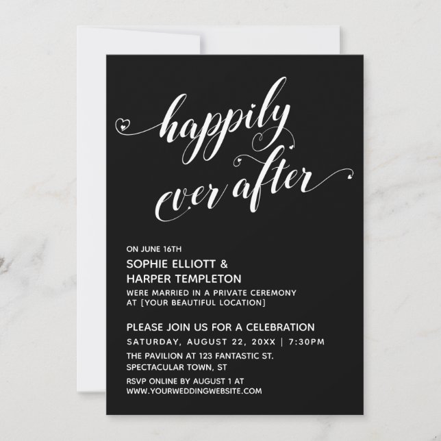 Invitación Happily Ever After Corazones Guión Recepción Negra (Anverso)