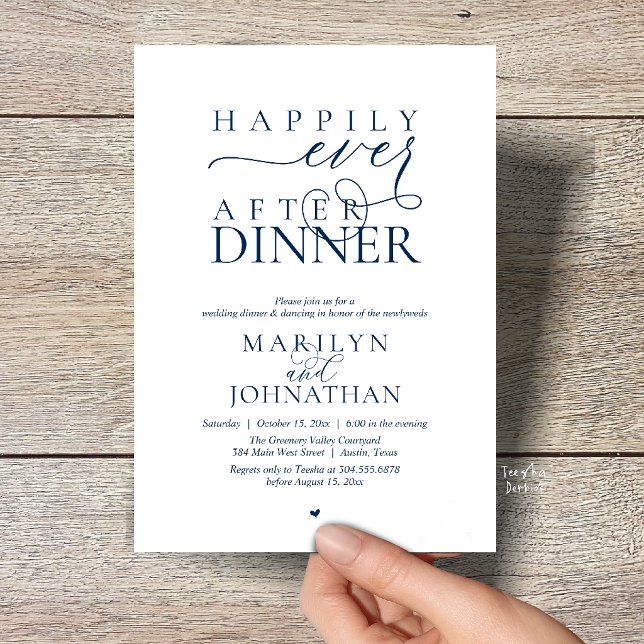 Invitación Happily Ever After Dinner Modern Wedding Reception (Happily Ever After Dinner Modern Wedding Reception Invitation card in Navy Blue)