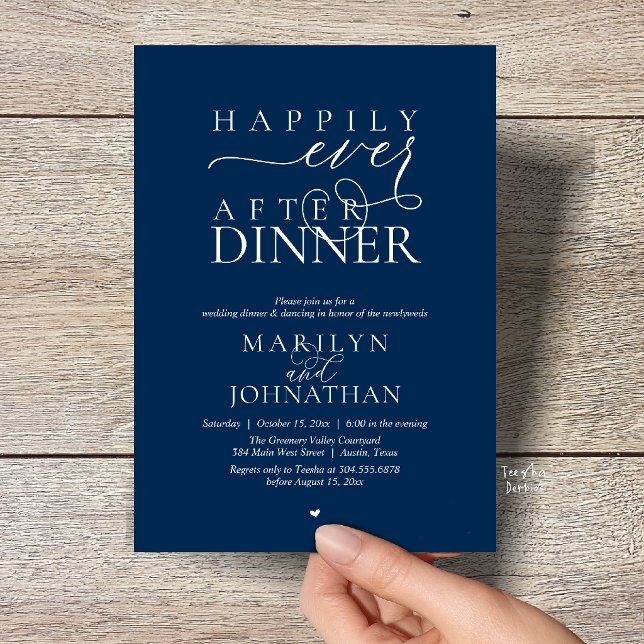 Invitación Happily Ever After Dinner Modern Wedding Reception (Happily Ever After Dinner Modern Wedding Reception Invitation card in Navy Blue)