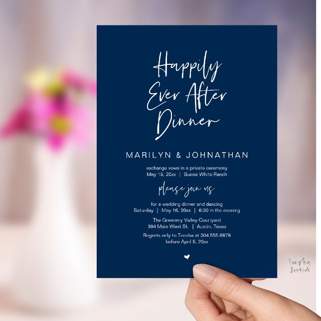 Invitación Happily Ever After Dinner Modern Wedding Reception (Happily Ever After Dinner Modern Minimalist Wedding Reception Invitation Card in Navy Blue)