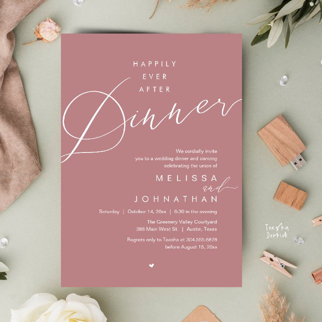 Invitación Happily Ever After Dinner Romantic Wedding Party (Happily Ever After Dinner Romantic Wedding Reception Party Invitation card in dusty rose pink)