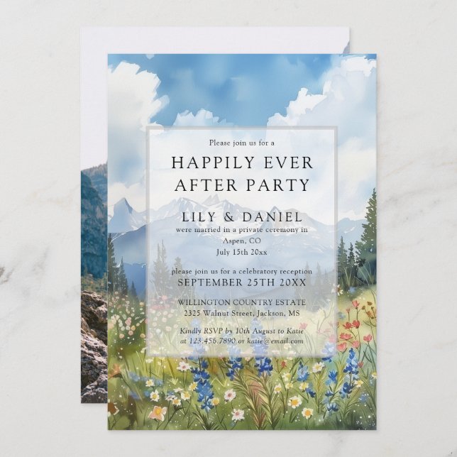 Invitación Happily Ever After Floral Mountain Wedding Photo (Anverso / Reverso)