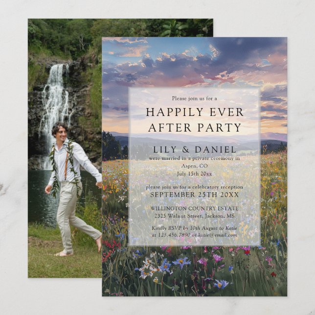 Invitación Happily Ever After Floral Wildflower Wedding Photo (Anverso / Reverso)