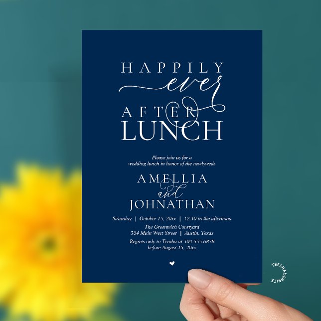 Invitación Happily Ever After Lunch Modern Wedding Elopement (Happily Ever After Lunch Modern Wedding Elopement Invitation Card in navy blue)