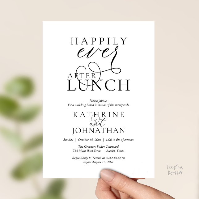 Invitación Happily Ever After Lunch Post Wedding Elopement (Happily Ever After, Modern Wedding Reception Lunch Invitation Card in Black and White)