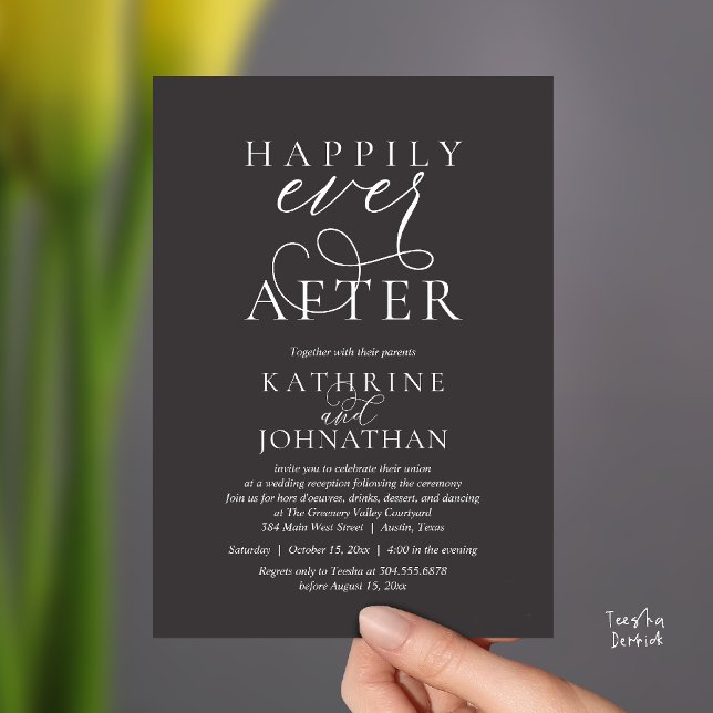 Invitación Happily Ever After, Modern Wedding Reception (Happily Ever After, Modern Wedding Reception hors d'oeuvres Drinks Dancing Invites Card Charcoal)