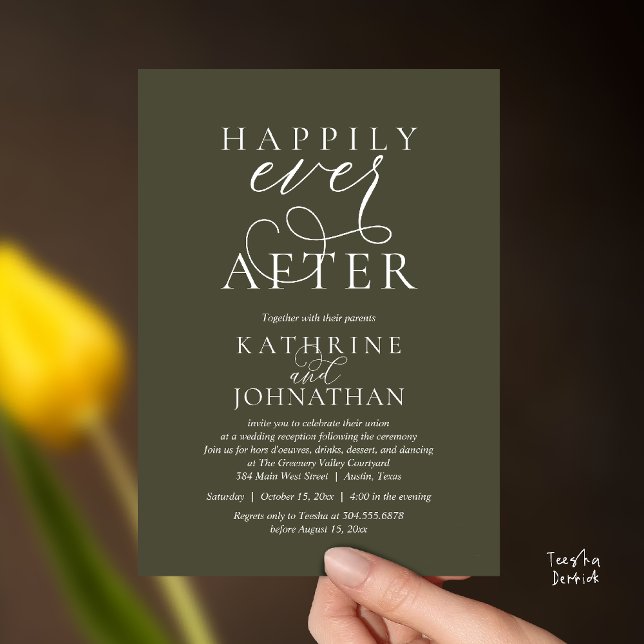Invitación Happily Ever After, Modern Wedding Reception (Happily Ever After, Modern Wedding Reception hors d'oeuvres Drinks Dancing Invites Card Olive Green)
