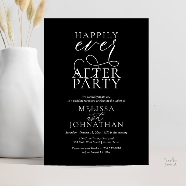 Invitación Happily Ever After Party, Classy Wedding Reception (Happily Ever After Party, Classy Wedding Reception Modern Dinner Invitation Card PDF Black White)