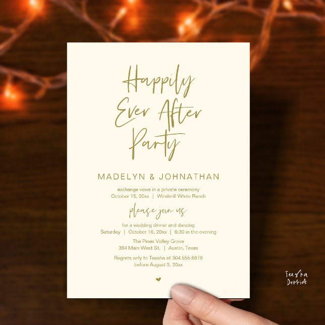 Invitación Happily Ever After Party, Modern Wedding Dinner (Happily Ever After Party, Modern Wedding Reception Dinner Invitation card in yellow gold)