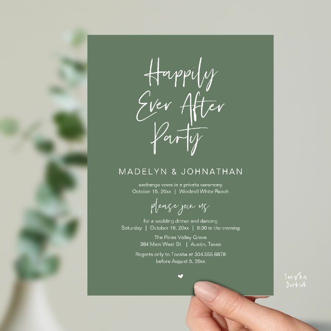 Invitación Happily Ever After Party, Modern Wedding Dinner (Happily Ever After Party, Modern Wedding Reception Dinner Invitation card in sage green)