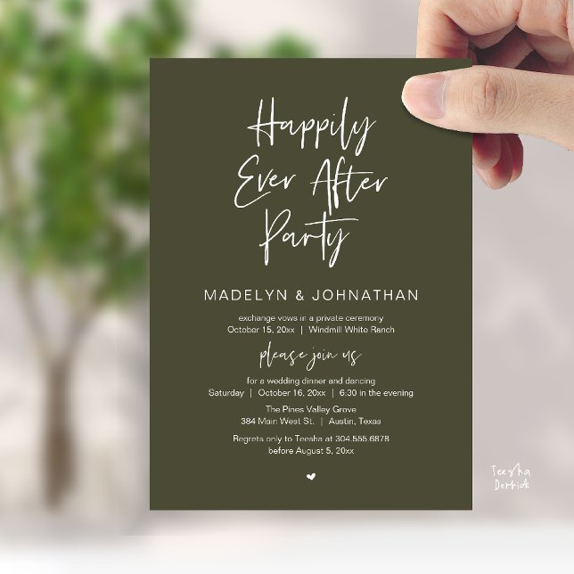 Invitación Happily Ever After Party, Modern Wedding Dinner (Happily Ever After Party, Modern Wedding Reception Dinner Invitation card in olive green)