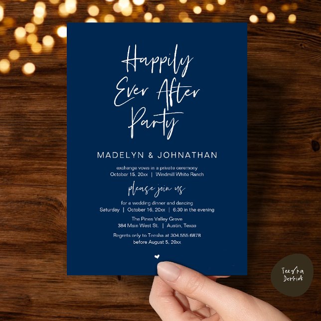 Invitación Happily Ever After Party, Modern Wedding Dinner (Happily Ever After Party, Modern Wedding Reception Dinner Invitation card in navy blue)
