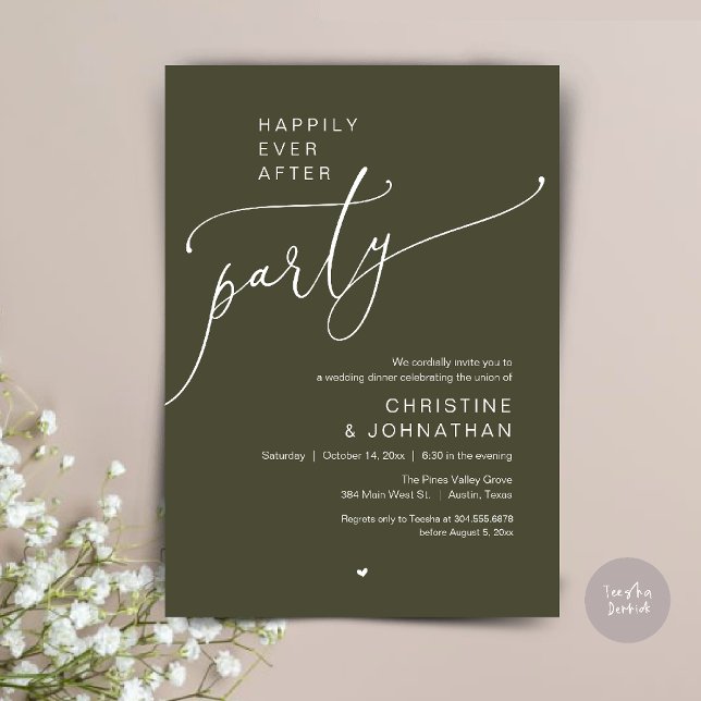Invitación "Happily Ever After Party" Modern Wedding Dinner ("Happily Ever After Party" Modern Wedding Dinner reception Invitation card in olive green)