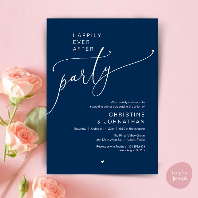 Invitación "Happily Ever After Party" Modern Wedding Dinner ("Happily Ever After Party" Modern Wedding Dinner reception Invitation card in navy blue)