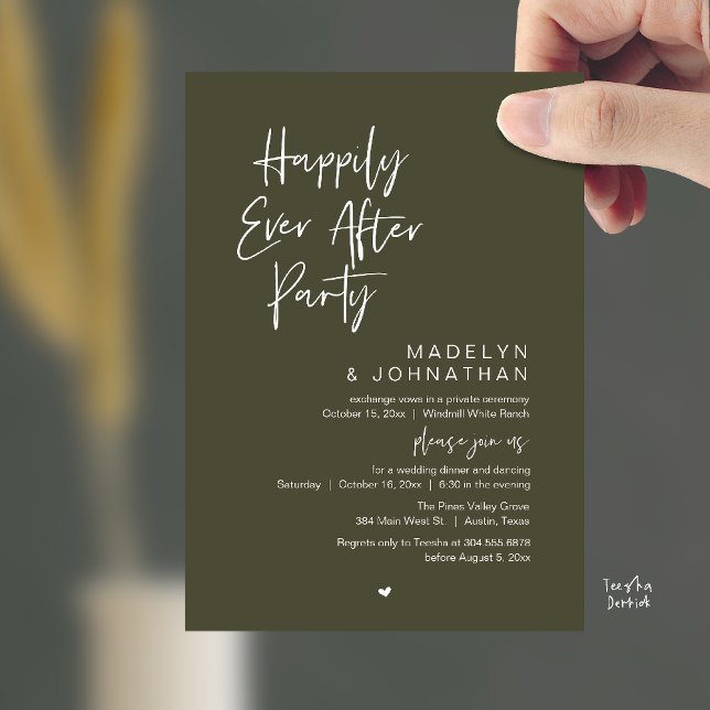 Invitación Happily Ever After Party, Modern Wedding Reception (Happily Ever After Party, Modern Wedding Reception Dinner Invitation card in olive green)