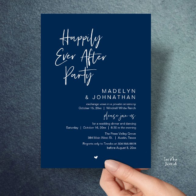 Invitación Happily Ever After Party, Modern Wedding Reception (Happily Ever After Party, Modern Wedding Reception Dinner Invitation card in navy blue)