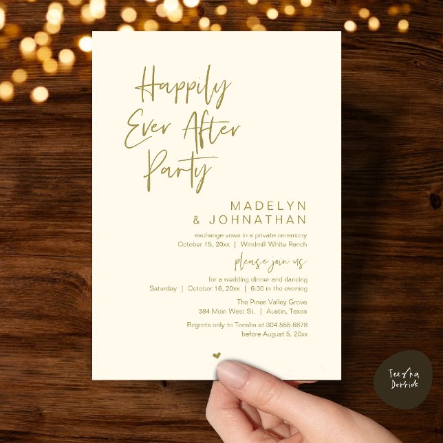 Invitación Happily Ever After Party, Modern Wedding Reception (Happily Ever After Party, Modern Wedding Reception Dinner Invitation card in yellow gold)