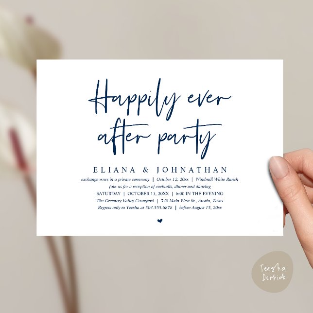 Invitación  Happily Ever After Party Modern Wedding Reception (Happily Ever After Party Modern Wedding Reception Invitation Card in Navy Blue)