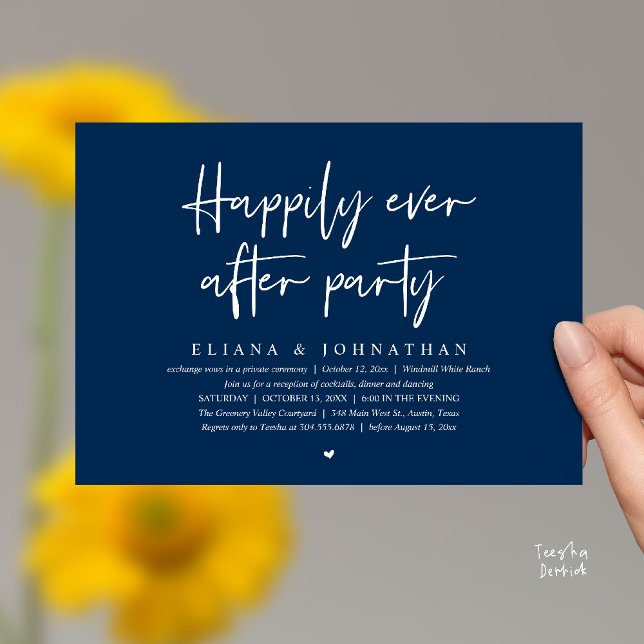 Invitación  Happily Ever After Party Modern Wedding Reception (Happily Ever After Party Modern Wedding Reception Invitation Card in Navy Blue)