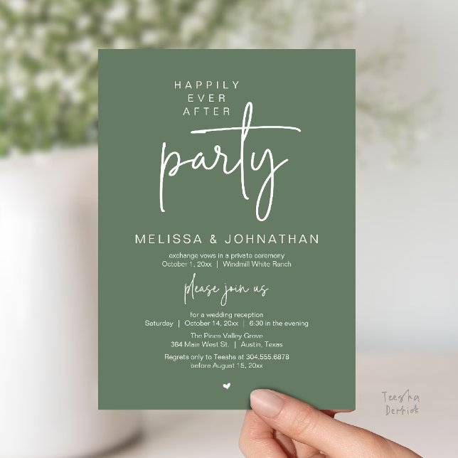 Invitación Happily Ever After Party, Modern Wedding Reception (Happily Ever After Party, Modern Wedding Reception Dinner Invitation Card in Sage Green)