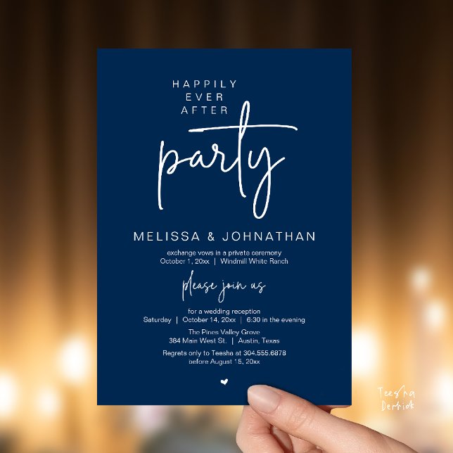 Invitación Happily Ever After Party, Modern Wedding Reception (Happily Ever After Party, Modern Wedding Reception Dinner Invitation Card in Navy Blue)