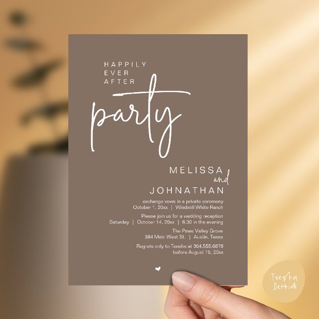 Invitación Happily Ever After Party, Modern Wedding Reception (Happily Ever After Party, Modern Wedding Reception Invitation Card in Taupe earthy brown)