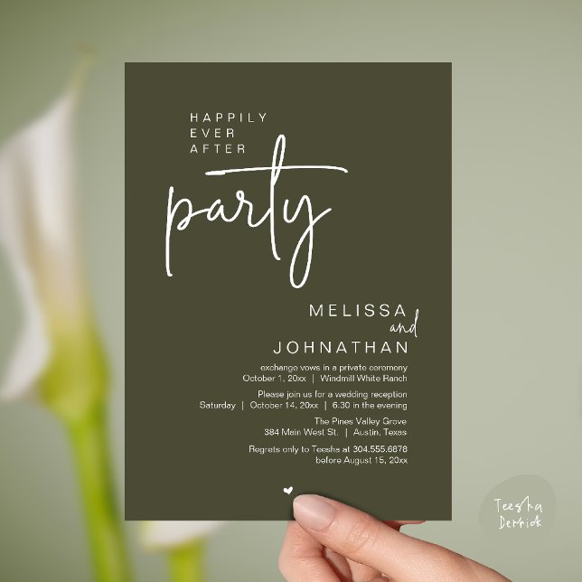 Invitación Happily Ever After Party, Modern Wedding Reception (Happily Ever After Party, Modern Wedding Reception Invitation Card in olive green)