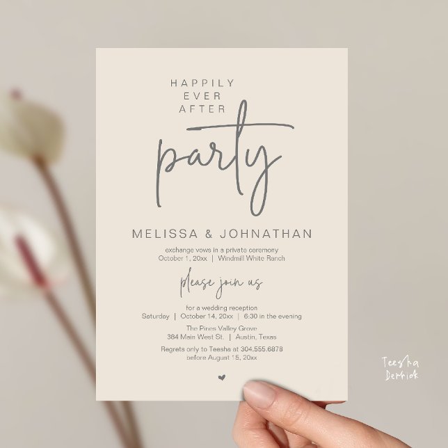 Invitación Happily Ever After Party, Modern Wedding Reception (Happily Ever After Party, Modern Wedding Reception Dinner Invitation Card in Cream Grey)