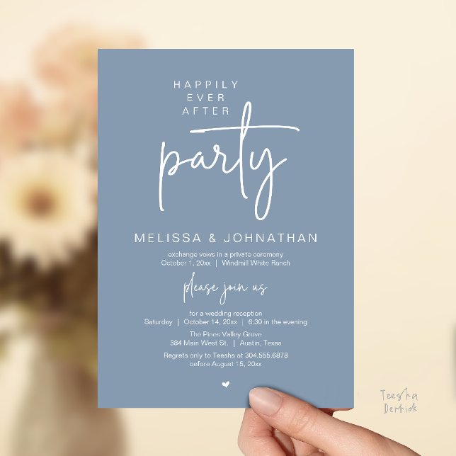 Invitación Happily Ever After Party, Modern Wedding Reception (Happily Ever After Party, Modern Wedding Reception Dinner Invitation Card in Dusty Blue)